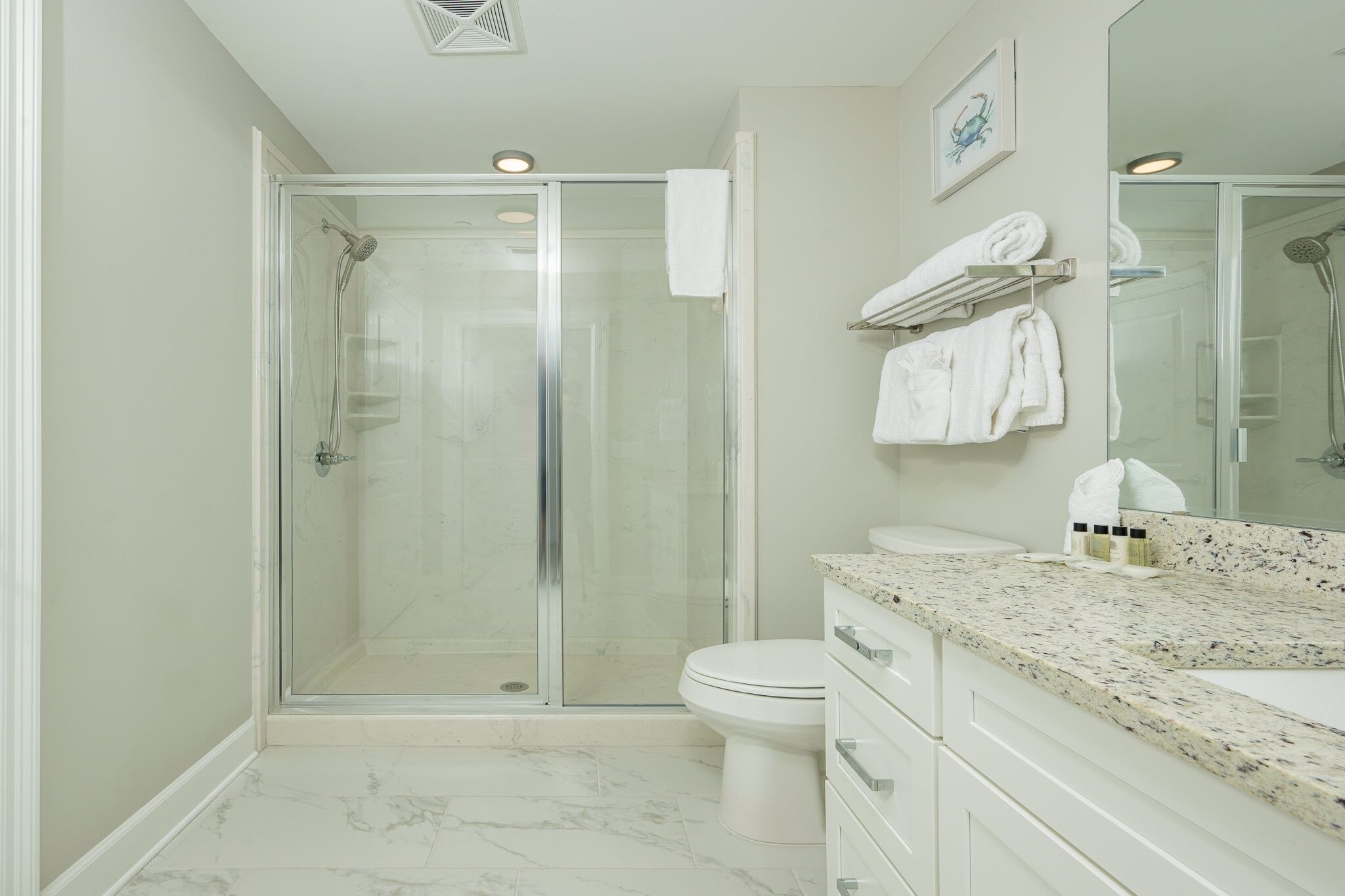 A modern bathroom with a glass-enclosed shower, a white toilet, and a granite countertop vanity.