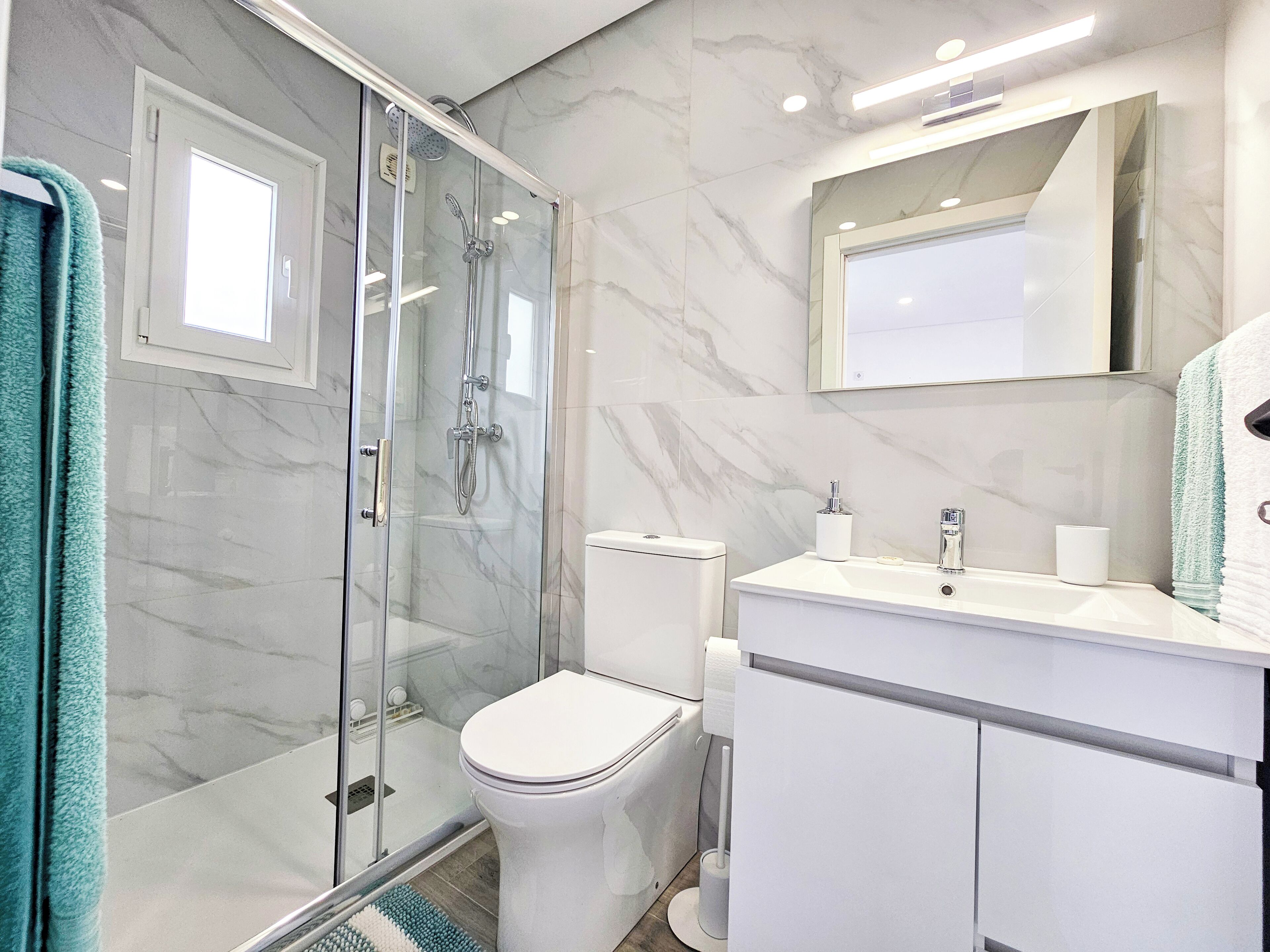 Shower, towels, toilet paper