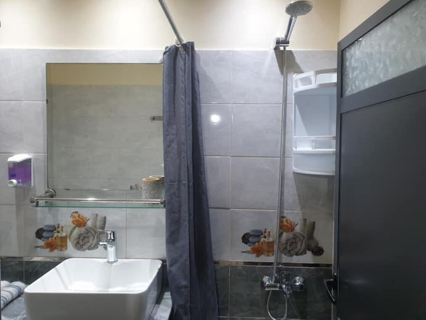 Hair dryer, towels, soap, shampoo
