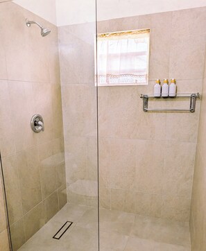 Shower, towels, soap, toilet paper - Sweet Suite Coconut: Charming modern 2BR/2BA house in Antigua with AC (St. George)