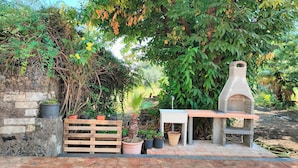 Un'ambientazione rustica all'aperto con un muro in pietra, una recinzione di legno, piante in vaso e un forno esterno in pietra.