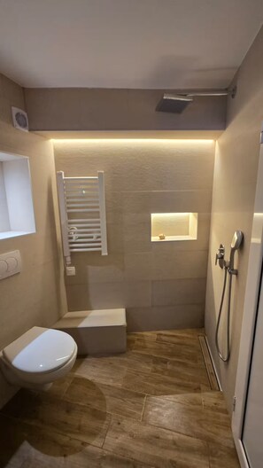 Douche, sèche-cheveux, serviettes fournies, savon