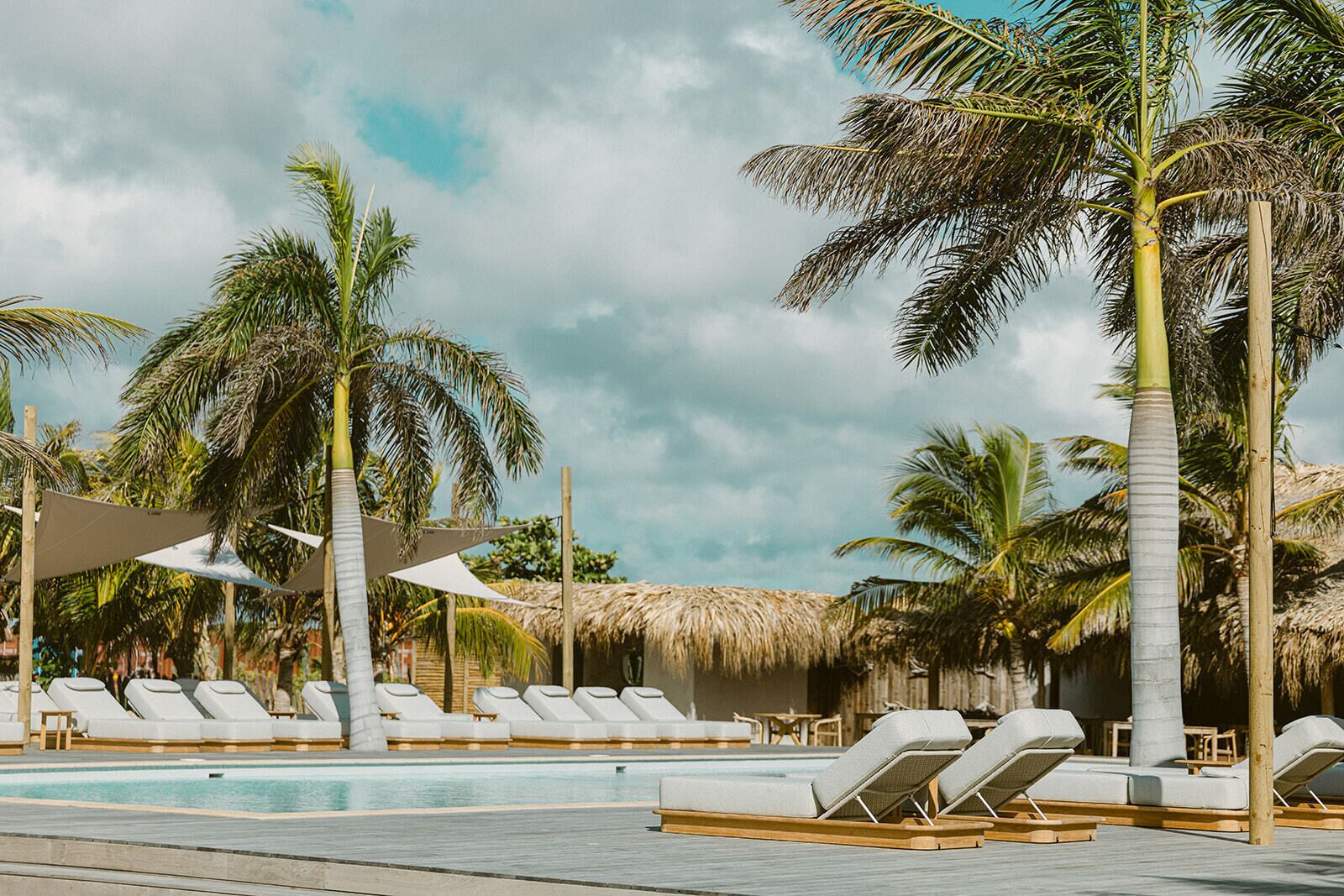 Área de piscina com espreguiçadeiras e palmeiras.