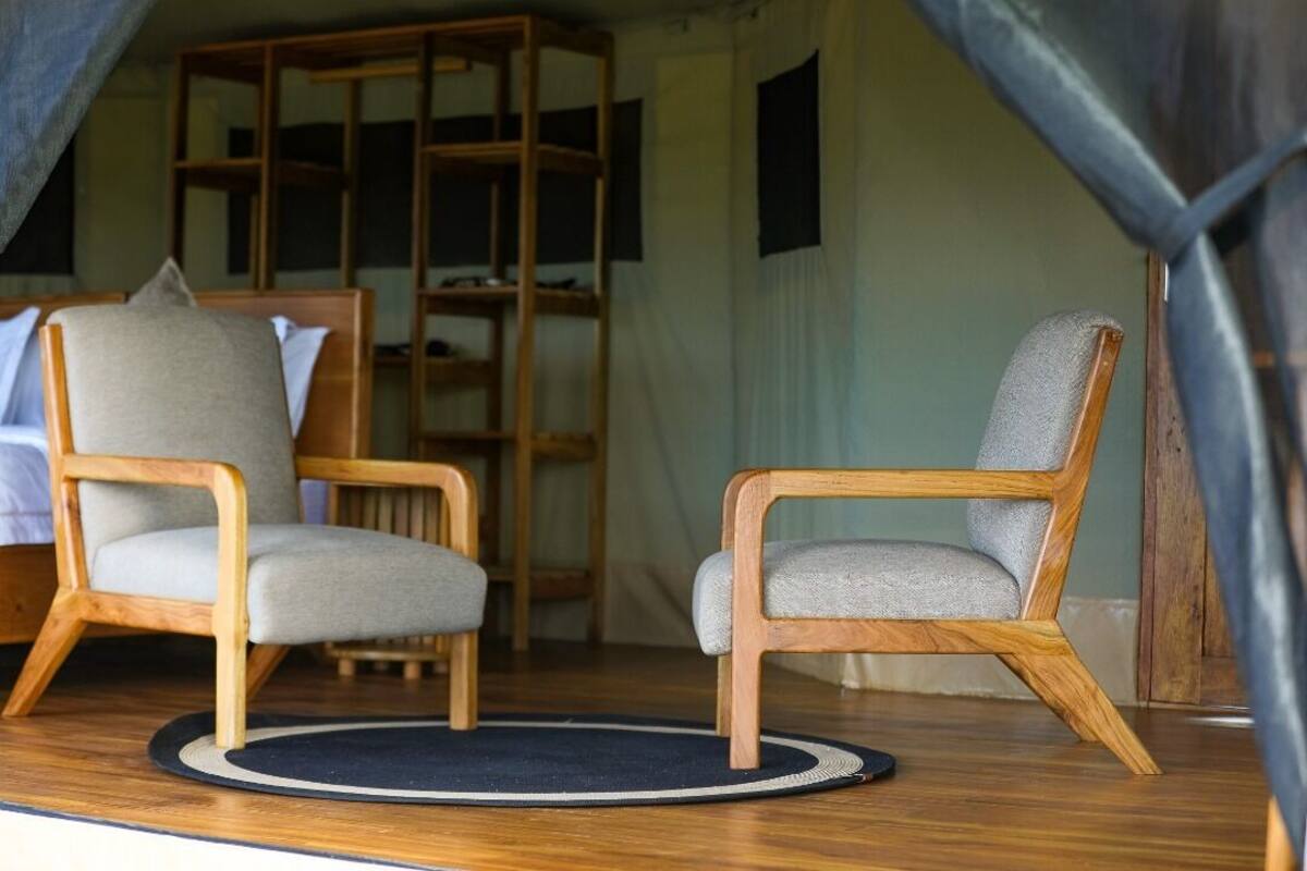 Dos sillas de madera con cojines grises sobre un piso de madera, una alfombra redonda y una estantería de madera al fondo.