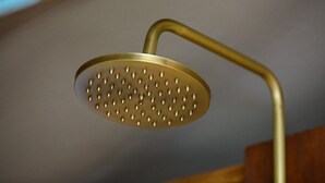 A showerhead with a curved handle.