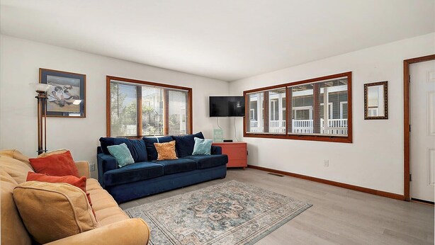 A living room with a blue sofa, beige sofa, and a patterned rug.