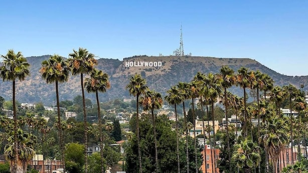 The Hollywood sign on a hill with palm trees in the foreground and a clear sky. - 2BR Hollywood Apt w/ Rooftop deck & Stunning Views (Los Angeles)