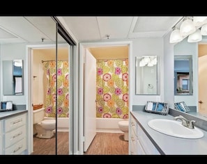 Hair dryer, towels, soap, toilet paper