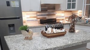 A kitchen with a granite countertop, stainless steel appliances, and a gas stove. There are two black barstools and a decorative plant on the counter.