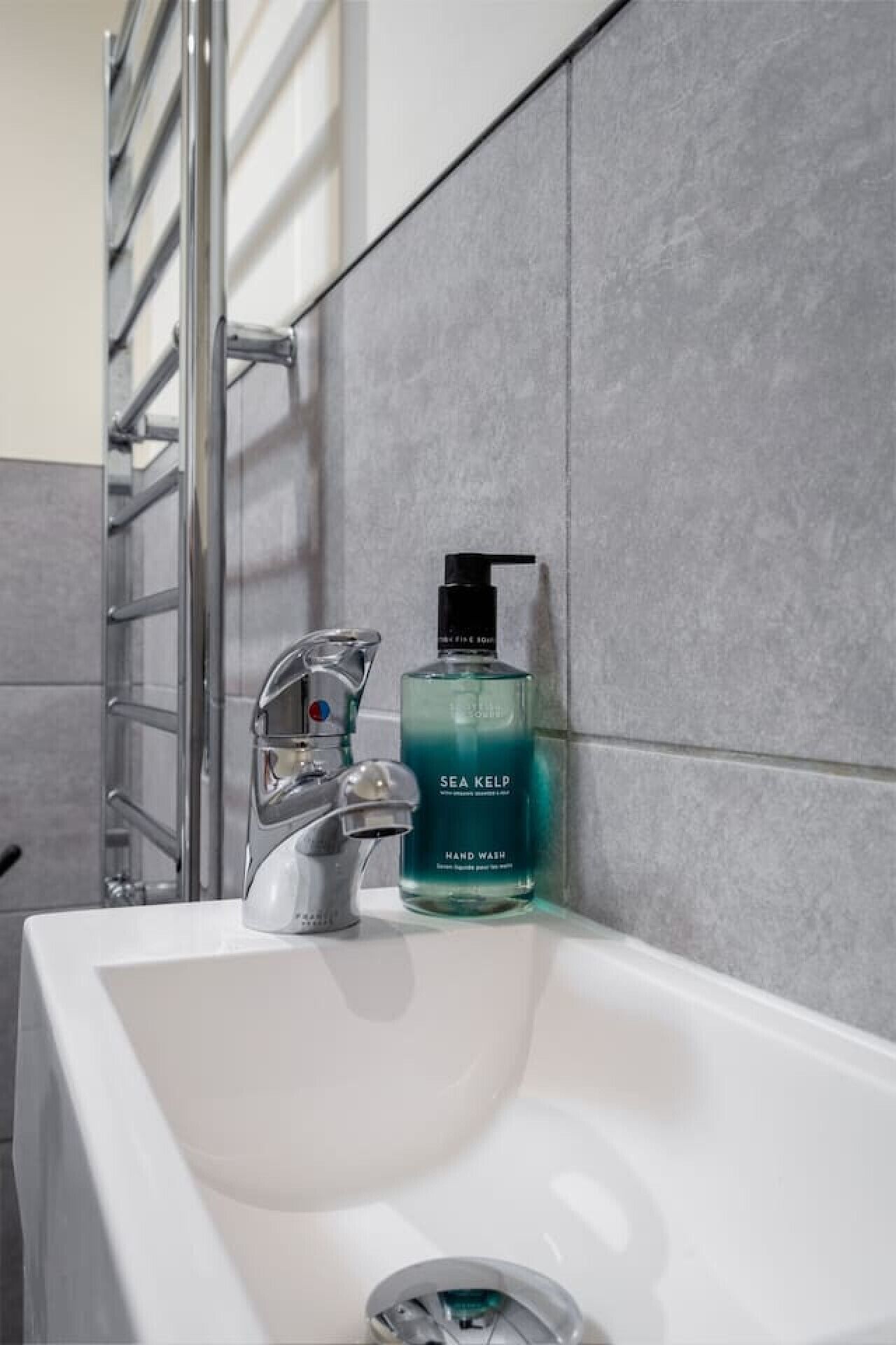 Ein Badezimmer mit einem weißen Waschbecken, einem chromfarbenen Wasserhahn und einer Handseife mit Seetangduft.