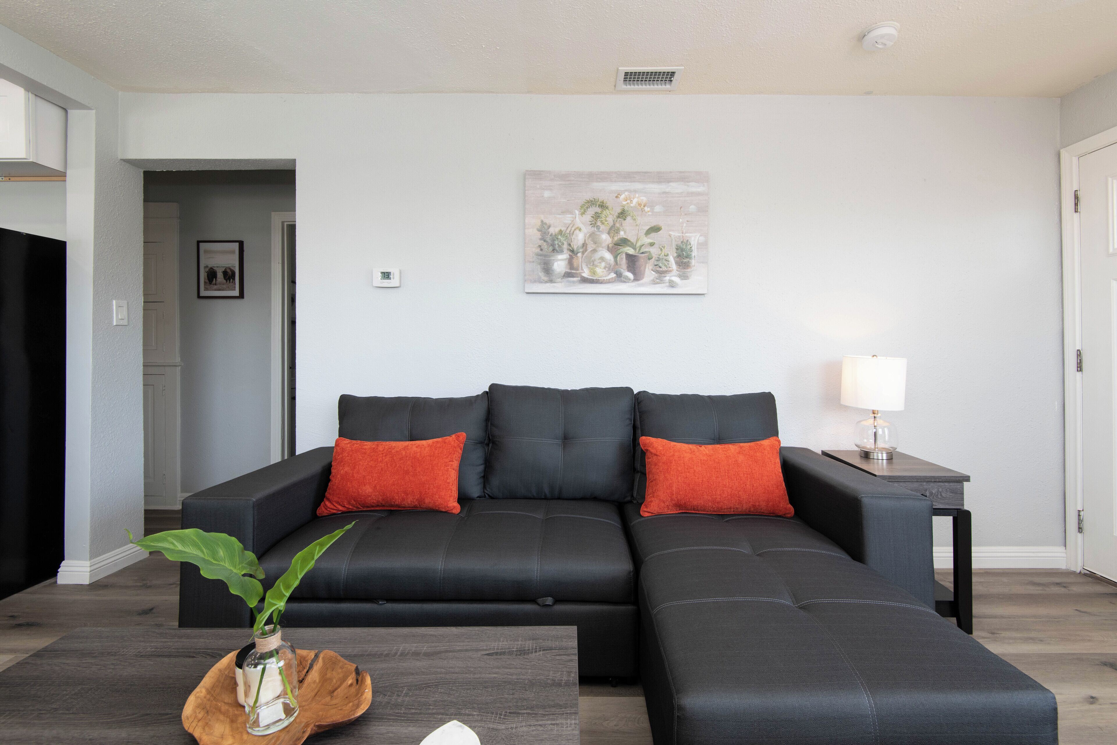 A modern living room with a black sectional sofa, a wooden coffee table, and a small plant.