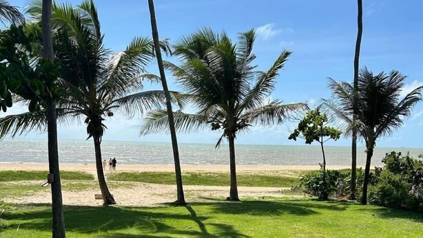 A grassy area with palm trees and a beach in the background. - Breeze Miramar Hospedagens (Joao Pessoa)