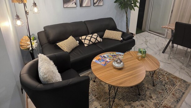 Un salon moderne avec un canapé noir, une table basse ronde et un tapis à motifs. Des tableaux abstraits ornent le mur et une plante est placée dans un coin.