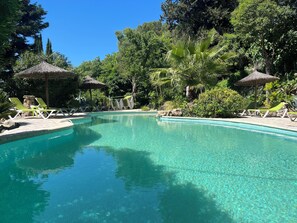 A clear swimming pool surrounded by lounge chairs and thatched umbrellas, with lush greenery in the background. - DOMAINE DE SAINT AMOUR / LA BASTIDE-ESTATE FROM THE 18TH CENTURY (Trans-en-Provence)
