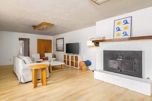 Télévision, cheminée, livres, espaces bureaux