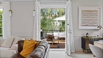 TV connectée, cheminée, livres