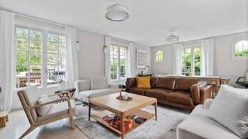 Smart TV, fireplace, books