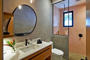 Shower, hair dryer, towels, soap