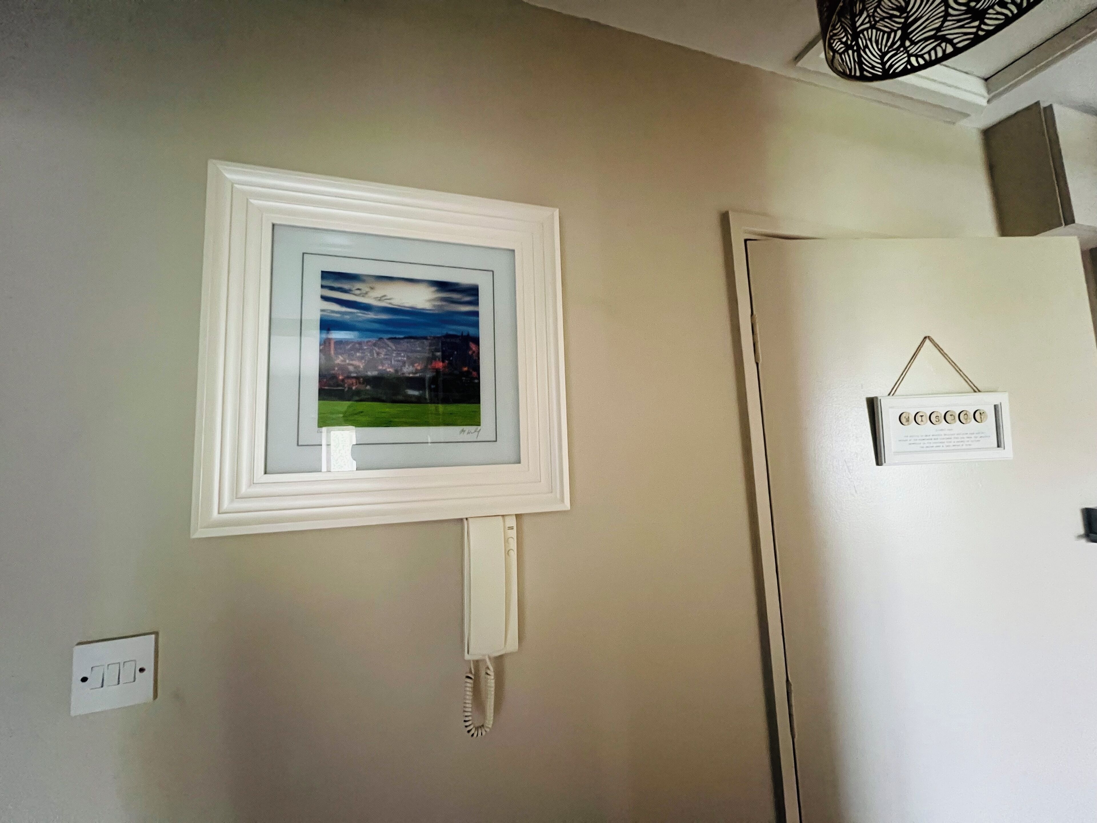A wall with a framed picture, a light switch, and a refrigerator with a name tag.