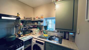 A compact kitchen with a stove, oven, washing machine, and a sink.