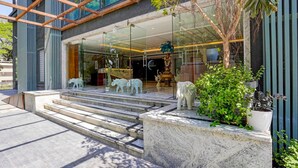 A modern hotel entrance with a glass facade, marble steps, and decorative animal sculptures.