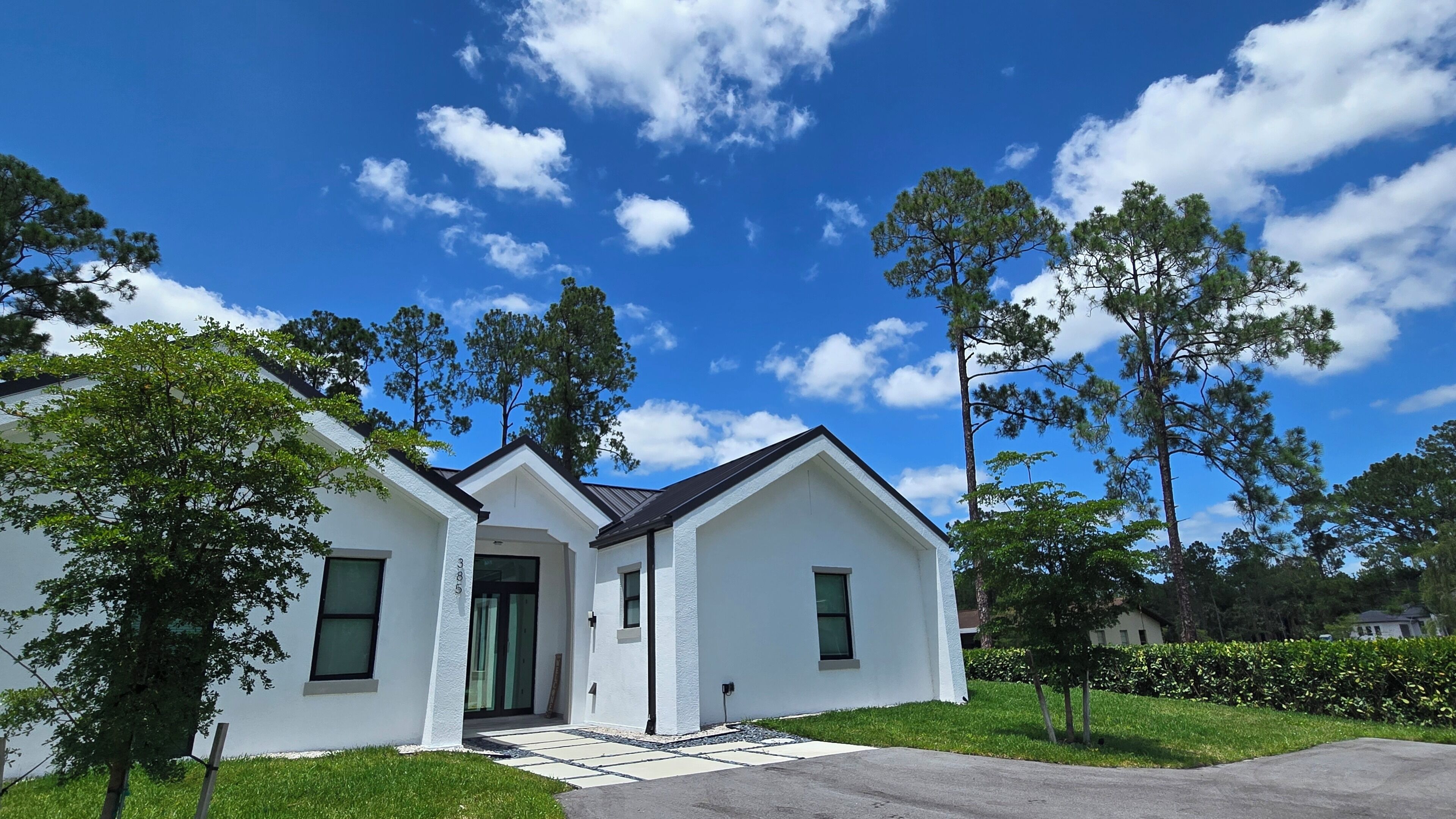 A modern two-story house with a white exterior, a black roof, and a front entrance with a glass door.