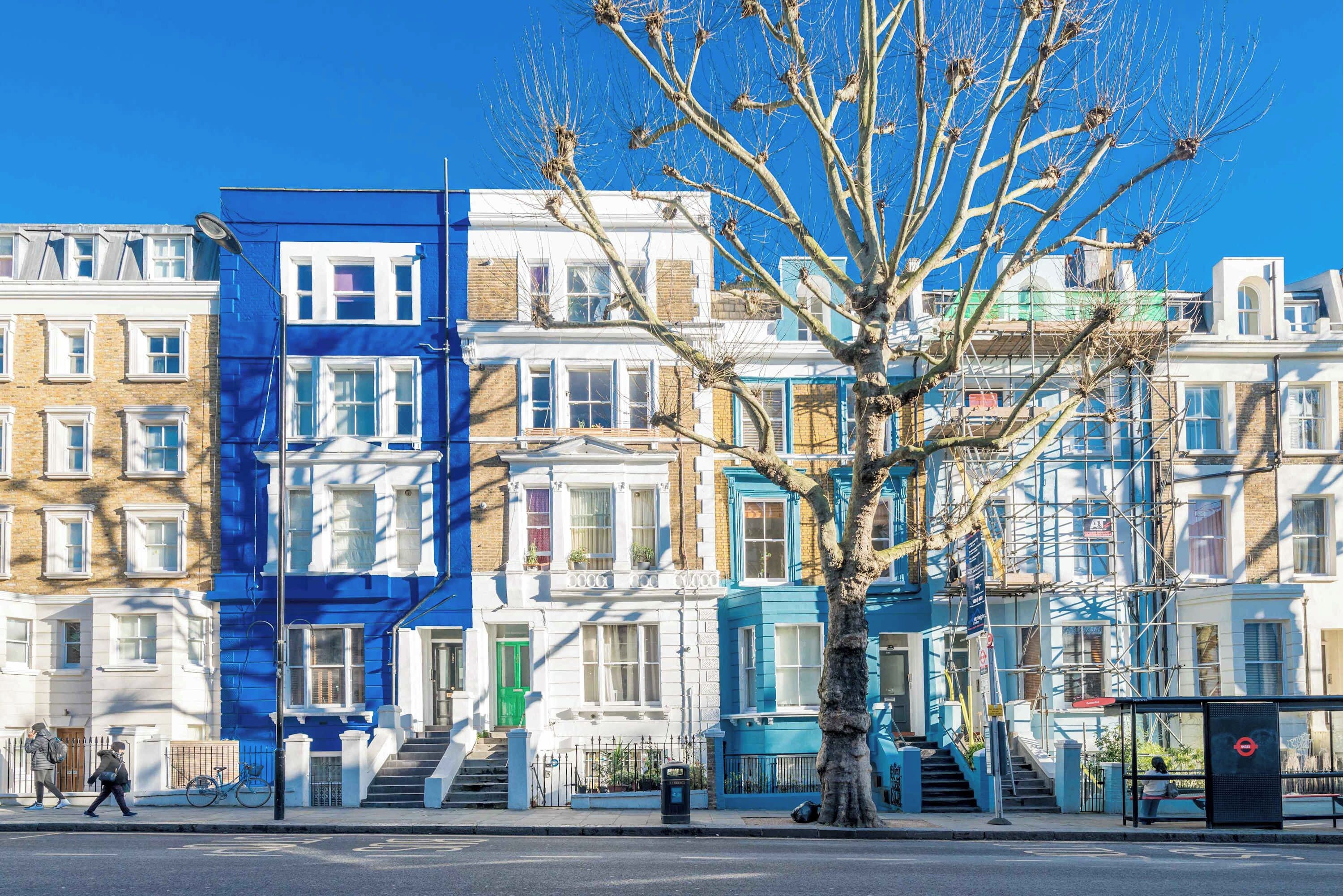 Une rangée de maisons mitoyennes, avec un arbre au premier plan.