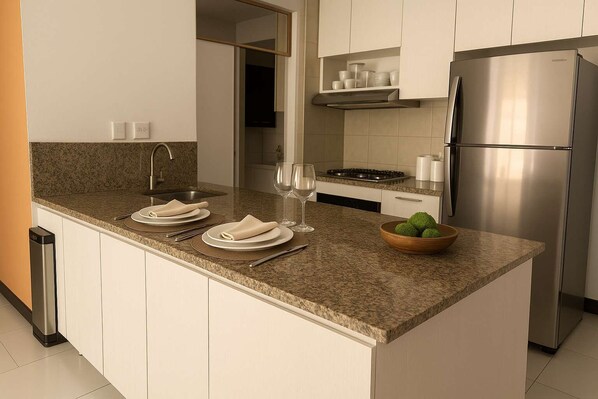 Fridge, microwave, oven, stovetop
