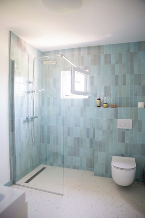 Shower, hair dryer, towels, soap