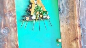 Une porte en bois avec un panneau de porte vert et une guirlande décorative.