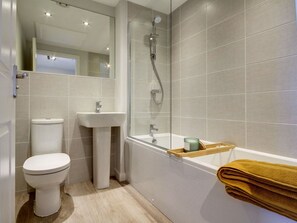 Hair dryer, towels, soap, toilet paper