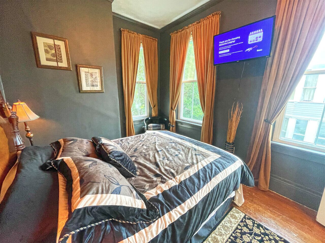 Un dormitorio con cama, televisor y dos ventanas con cortinas.
