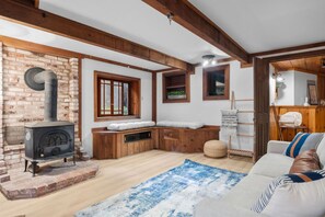 Smart TV, fireplace, books