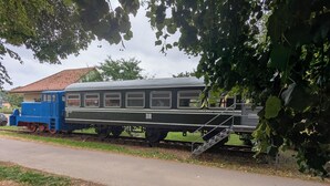 A vintage train car parked on tracks with a blue locomotive attached, surrounded by trees and a building in the background. - Spend the night in a railroad carriage - nostalgia & comfort in Thuringia (Kirchheilingen)