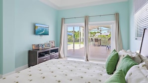 A bedroom with a bed, a TV, a desk, and a view of the outside.
