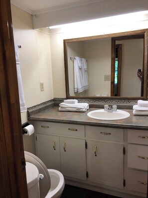 Hiustenkuivaaja, pyyhkeet, saippua, vessapaperi