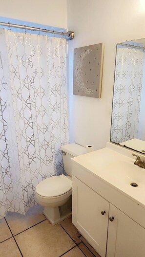 A bathroom with a toilet, a sink, and a mirror.