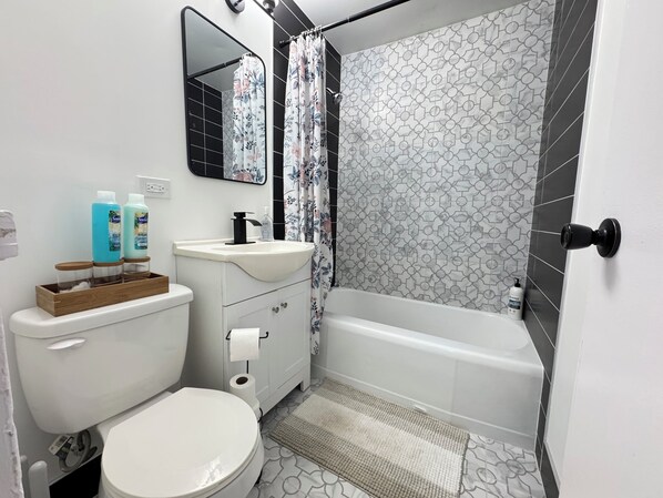 Hair dryer, bidet, towels, soap