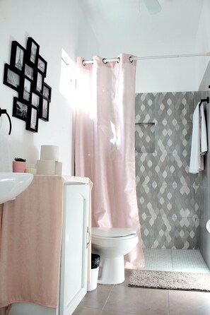 Hair dryer, towels, soap, toilet paper