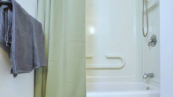 Hair dryer, towels, soap, toilet paper