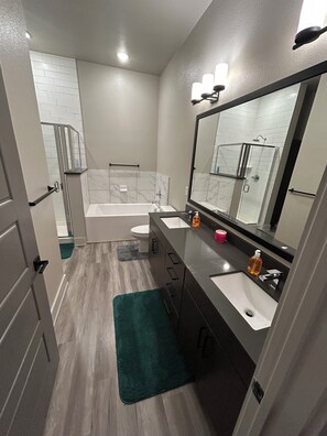 Hair dryer, towels, soap, toilet paper