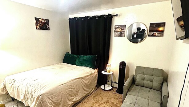 Un dormitorio con cama, sofá, alfombra, espejo y decoración en la pared.