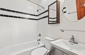 Hair dryer, towels, soap, toilet paper