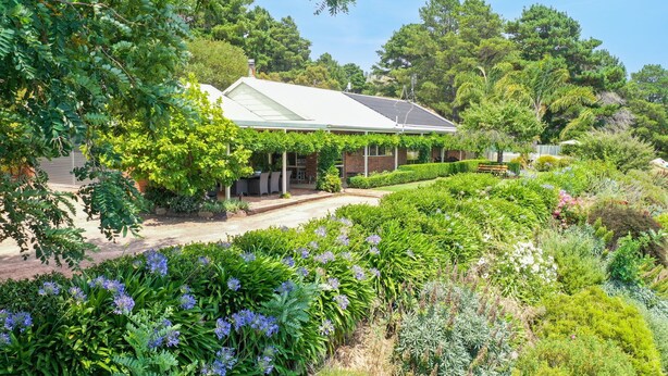 A greenhouse with a glass roof, surrounded by lush greenery and flowering plants. - Monkey Gully Retreat - Pool - Mansfield - Sleeps 9 (Mansfield)