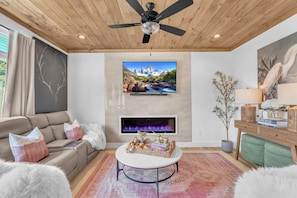 TV, fireplace, video games, stereo