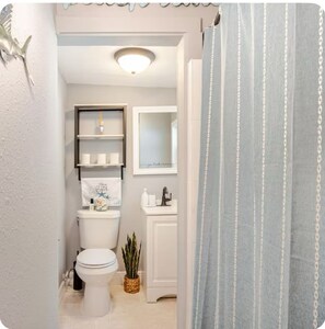 Hair dryer, towels, soap, shampoo