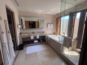 Hair dryer, towels, soap, toilet paper