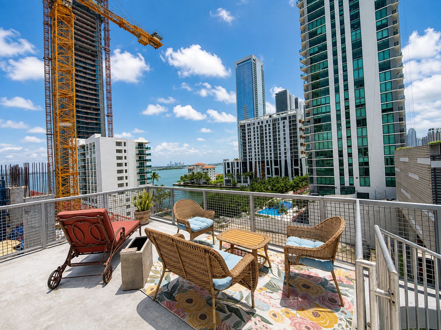 A balcony with wicker furniture, a view of a city skyline, and a construction crane in the background.