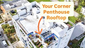 An aerial view of a corner penthouse rooftop with a pool and outdoor seating area. - Penthouse, Waterviews, Private Rooftop, Free Parking,Vibrant Miami neighborhood (Miami)
