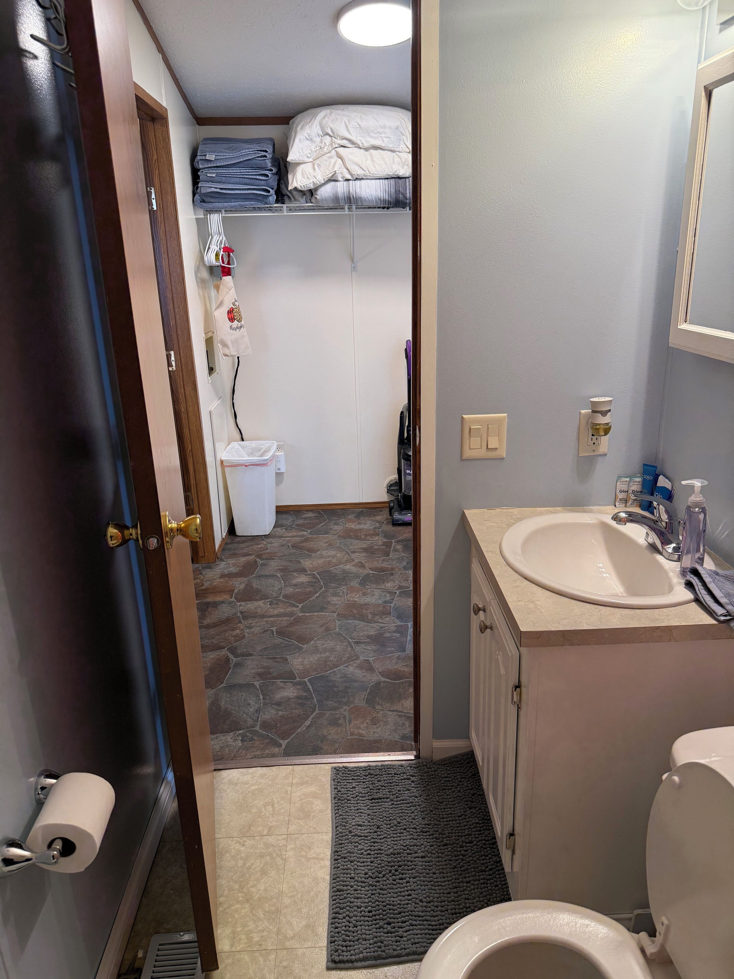 A bathroom with a toilet, sink, and a towel rack.